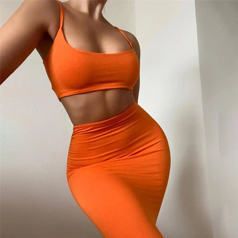 006 Women's Summer Dress Set Sexy Halter Crop Top Bodycon Skirt Set