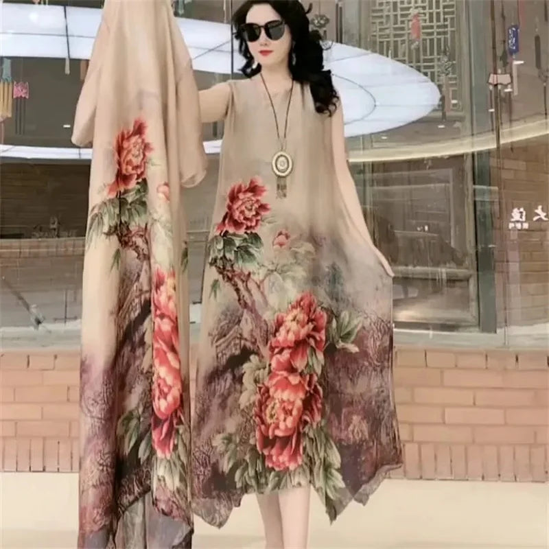 2022 Mother Dress Suit Summer Casual Fashion Printing Two Piece Suits Long Dress Suits Women Temperament Dress Sets Female Suits