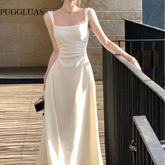 2023 Summer Evening Party White Midi Dress Office Lady Slim Sexy Sleeveless Strap Dress Beach Style Women One Piece Dress Korean