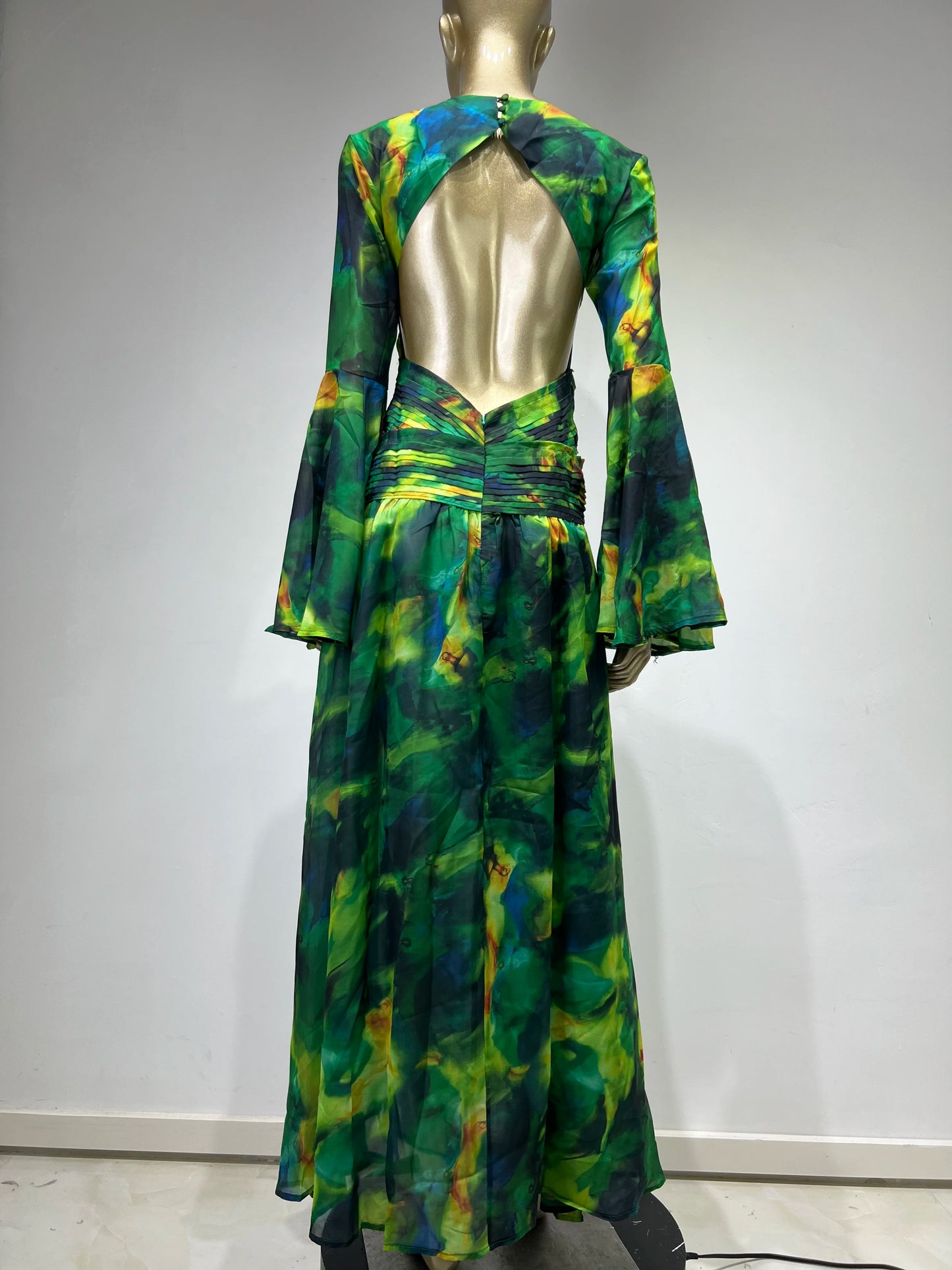 2024 New Women Green Floral Party Dress Long Seeve V Neck With Rhinstone Open Leg Maxi Long Holiday Going Out Beach Gowns