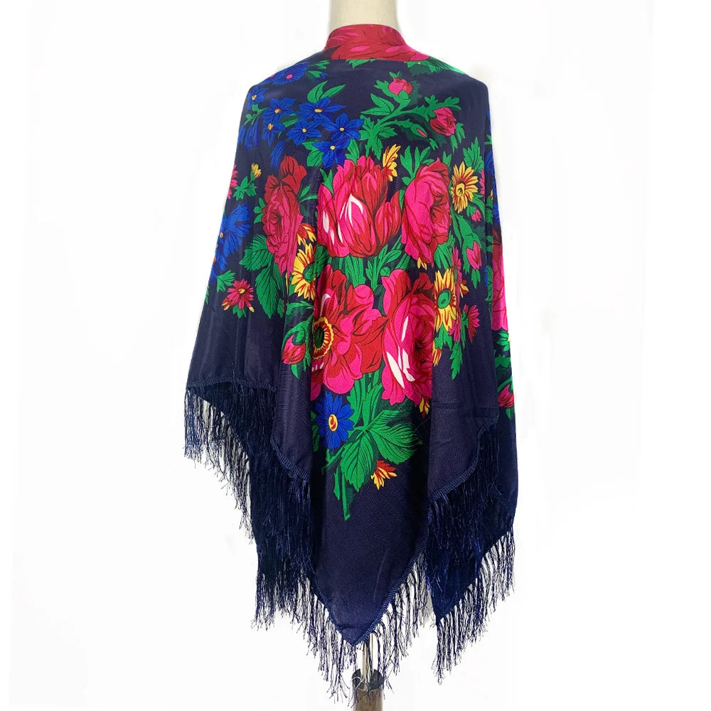 Foulard carré russe pour femmes, imprimé Floral, châle traditionnel ukrainien à franges, Babushka, Bandana, mouchoir, 160x160CM