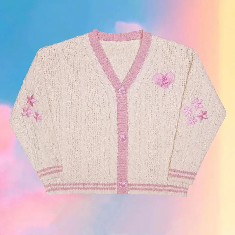 💖Amoureux de la broderie étoiles d'automne 💖 Cardigans tricotés en coton rose pour femme, pulls chauds et amples pour le printemps, cardigan Y2k