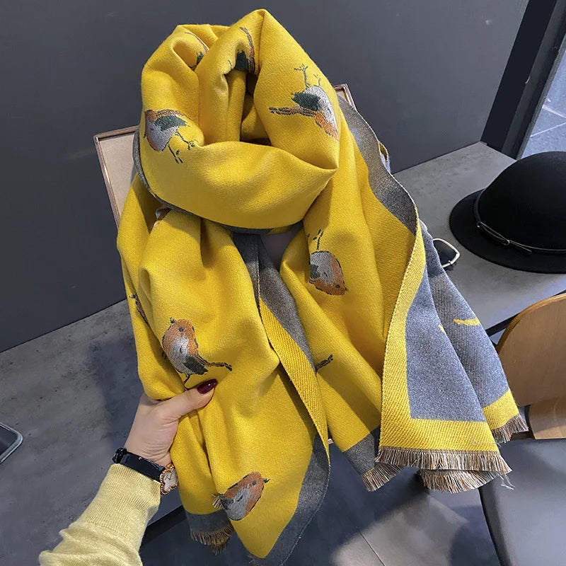 2023 New Women Winter Scarf Cashmere Pashmina Shawls and Wraps Bufandas Bird Print Warm Thick Scarves Blanket for Lady