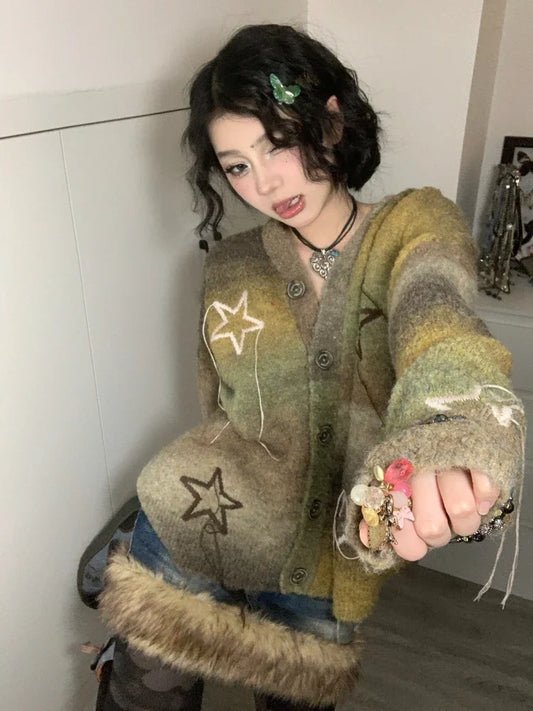 Deeptown Vintage Star Knitted Cardigan Women Harajuku Autumn Winter Oversized Sweater Retro Embroidery Tops Fairycore Aesthetic