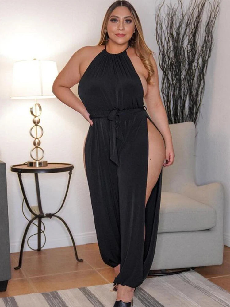 Elegant Woman Jumpsuit Long Halter Hollow Out Jumpsuit Mesh Summer Sexy Black One Piece Jumpsuit Plus Size Free Shipping