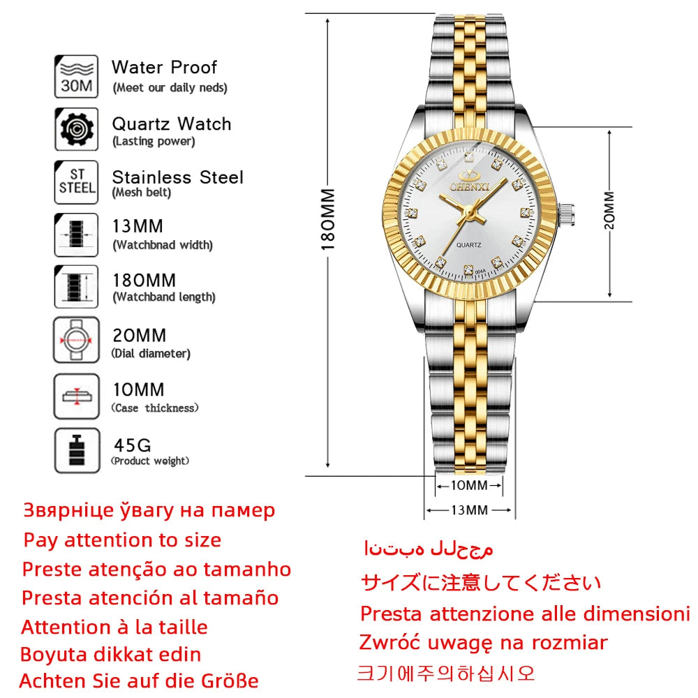 CHENXI, reloj de cuarzo para mujer, reloj clásico dorado y plateado elegante para mujer, relojes de regalo de lujo, reloj de pulsera resistente al agua para mujer