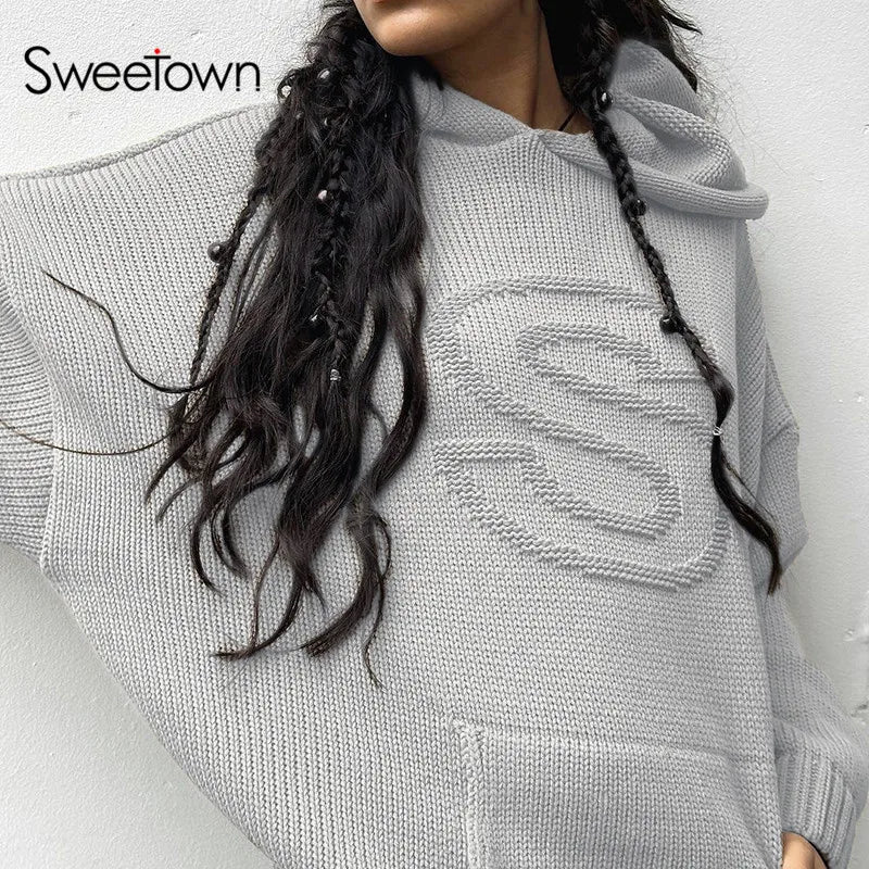 Sweetown S Shape Oversized Sweater England Street Fashion Womens Clothing Solid Casual Loose Autumn Winter Pullover Knitwears