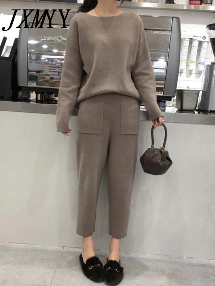 Women's suit Knitted 2 pieces Set Tracksuits Women Autumn Thick Warm O-neck Loose Sweater+Ankle-Length Pants Warm Cashmere Suit