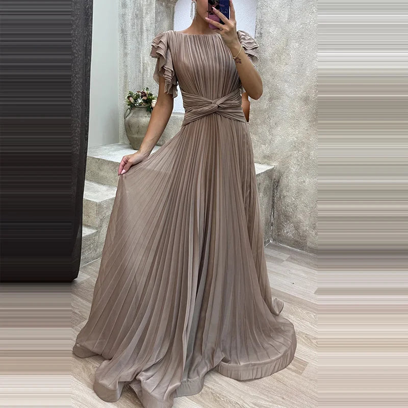 Women Maxi Dress Elegant Lady O Neck Short Ruffled Sleeve A Line Dress Female Simple Solid Nipped Waist Pleated Slim Party Dress