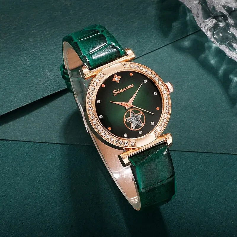 Conjunto de 6 uds. De reloj de cuarzo verde de lujo para mujer, anillo, collar, pendiente, reloj de pulsera de moda con diamantes de imitación, relojes de pulsera informales para mujer