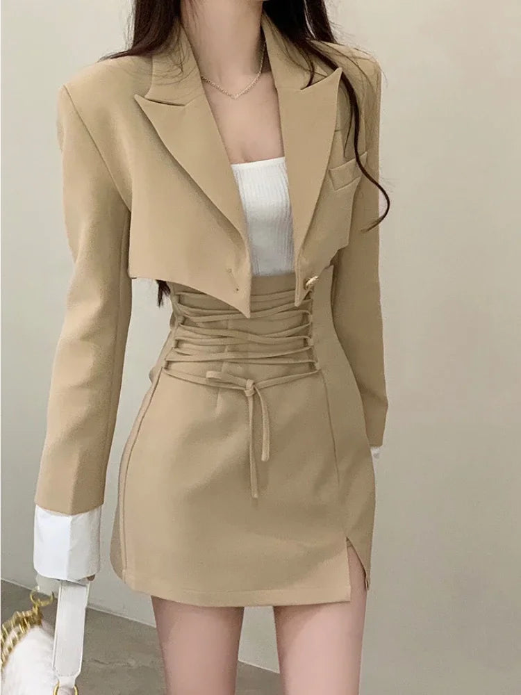 Conjunto de vestido de 2 piezas para mujer, Tops cortos informales Y2k, chaqueta elegante, abrigos + minifaldas, trajes de moda coreana, vestido Blazers de primavera 2024