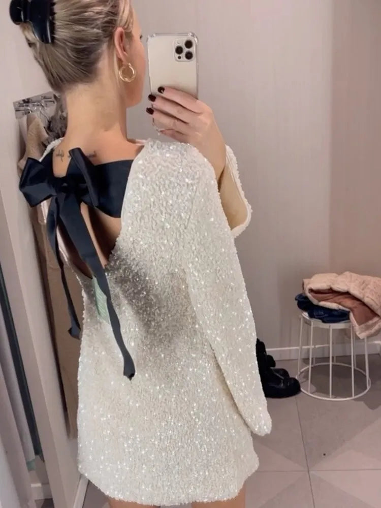 Minivestido de lentejuelas brillantes a la moda para mujer, vestidos cortos elegantes con lazo de manga larga para mujer, looks elegantes para fiesta nocturna y vacaciones