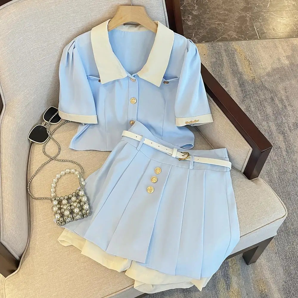 2023 New Women's Fashion blue Suit Split Shirt and Shorts skirt Summer Casual Ladies Office Workt Two-piece Suit Set clothing