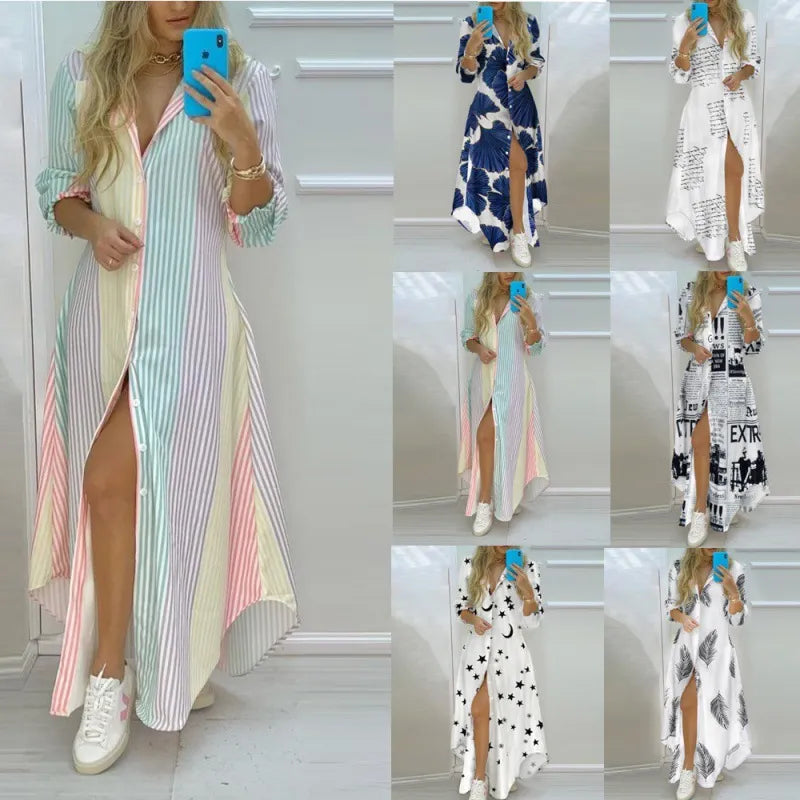 Femmes Boho imprimé chemises longues robe d'été col rabattu à manches longues robe de soirée femme décontracté soirée Maxi robes robes