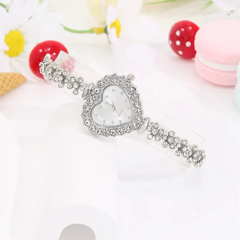 6PCS Set Luxury Women Watch Ring Heart Shaped Hollow Pendant Necklace Earring Rhinestone Fashion Wristwatch Casual Ladies Watche