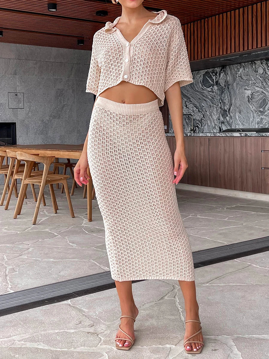 Women’s Two Piece Summer Outfits, Short Sleeve Knit Button Crop Tops and Long Skirt Set for Daily Wear Clothing Beach