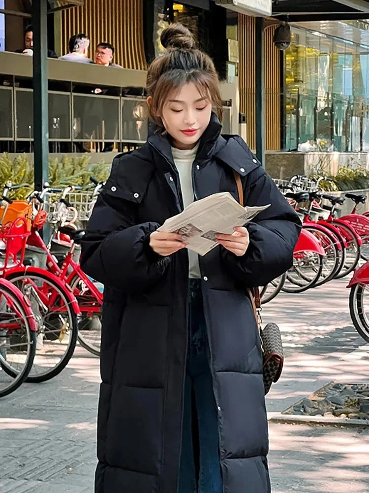 Parka de invierno para mujer, abrigo largo y recto de algodón con capucha, chaqueta acolchada holgada coreana, Parkas cálidas a la moda para mujer, prendas de vestir 2023