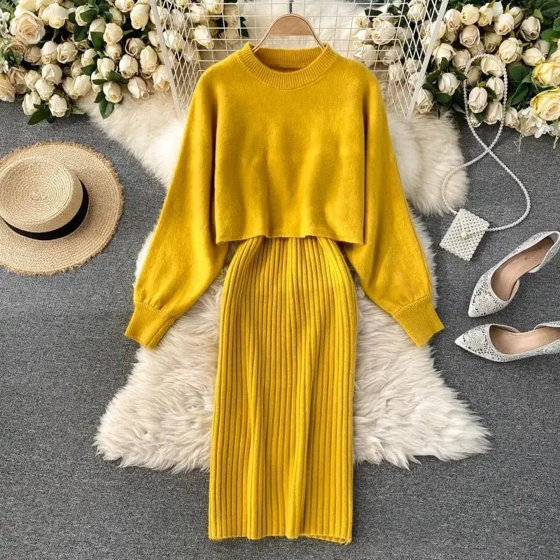 Women Sweater Midi Dress Set Casual Pullovers Suits Autumn Winter O-neck Long Sleeve Knitted Solid Slim Elegance Tops Elastic