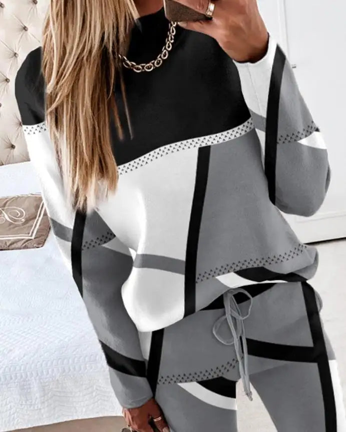 Two Piece Sets Womens Outifits Casual Geometric Print Long Sleeve O-neck Top Pullover & Fashion Drawstring Pants Set Streetwear