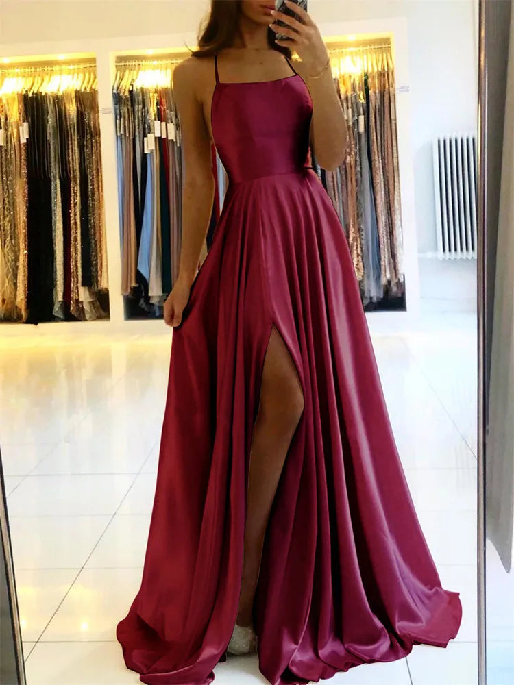 Robe longue de plage en satin bordeaux pour femmes, pour Noël, sexy, fente latérale, bretelles réglables, robe de bal de soirée, robes de demoiselle d'honneur bon marché