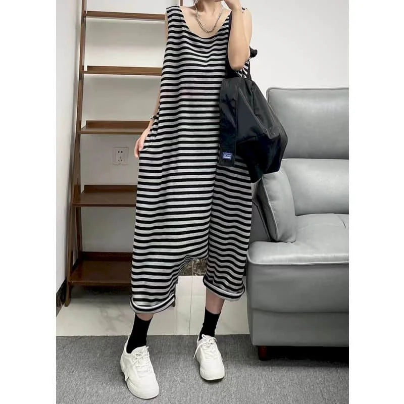 Striped Jumpsuits for Women Summer Sleeveless Oversized One Piece Outfits Women Loose Korean Style Casual High Waist Cross-Pants