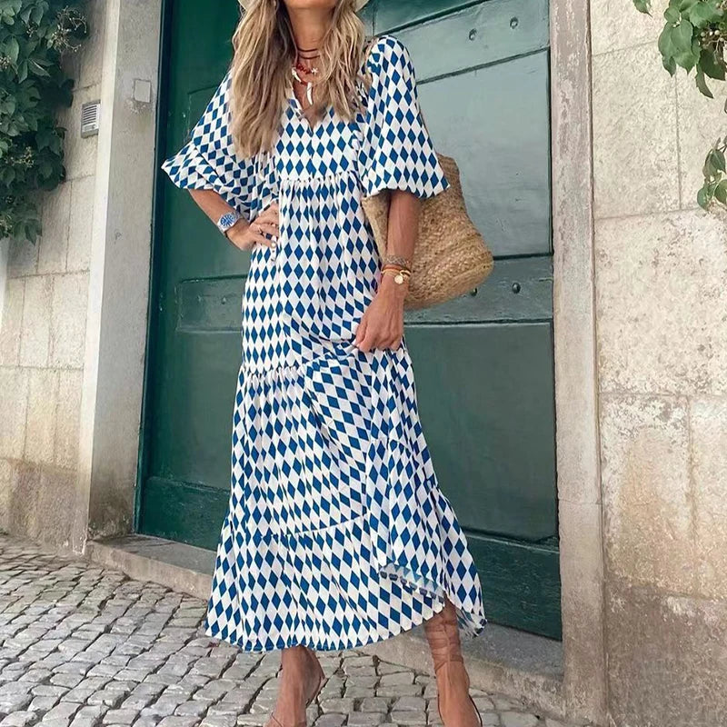 Summer Puff Sleeve Boho Maxi Dress Women Elegant 2024 Casual Floral Drawstring V-Neck Loose Holiday Beach Dresses Party Vestidos