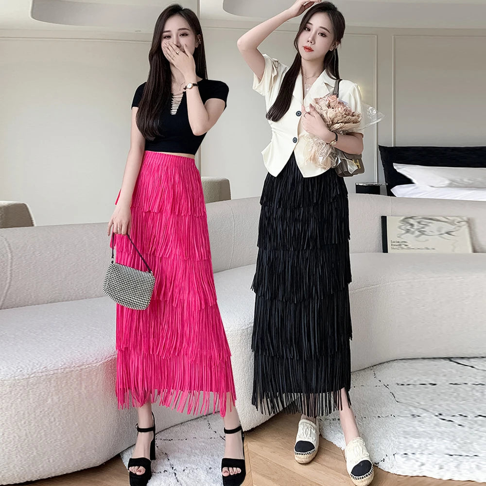 Vintage Elegant Long Skirt For Women High Waist Patchwork Pleated Tassel Solid Party Skirts Female High Street Summer Clothing