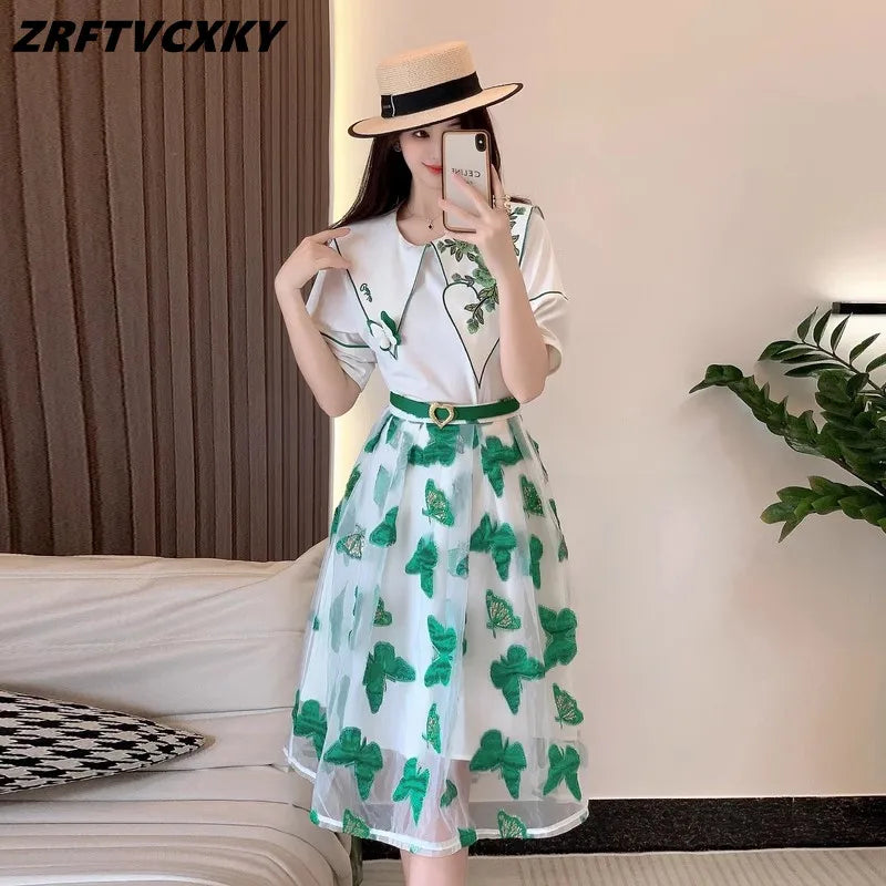 Elegant Skirt Two Piece Set For Women's Designer Lapel Short Sleeve Top+Fashion Embroidery Mesh A-Line Skirt Suit Lady Clothing