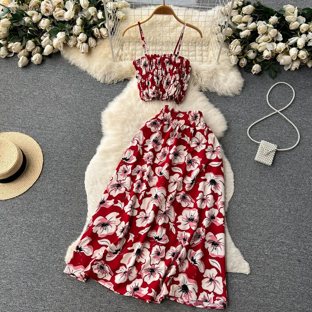 YuooMuoo Women Dress Set 2023 New Summer Vacation Fashion Floral Print Straps Crop Tops + Long Skirts Outfits Beach 2Pcs Suits