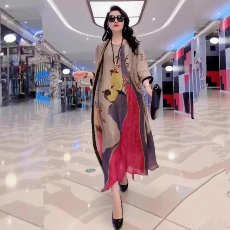 2022 Mother Dress Suit Summer Casual Fashion Printing Two Piece Suits Long Dress Suits Women Temperament Dress Sets Female Suits