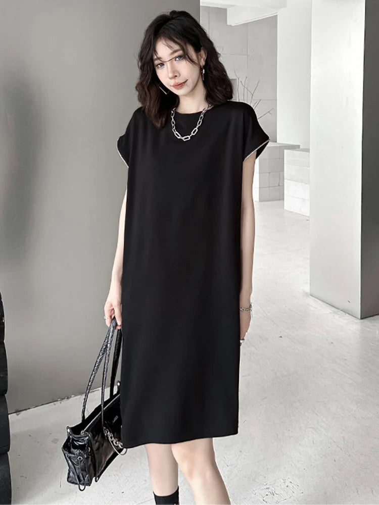 [EAM] vestido Casual negro con cremallera de talla grande para mujer nuevo cuello redondo manga corta corte holgado moda Primavera Verano 2024 1DF7865