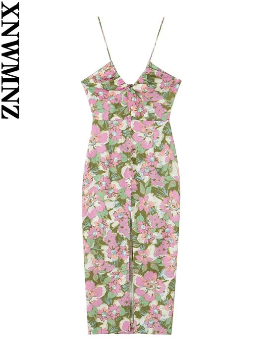 XNWMNZ-vestido de lino mezclado con estampado de flores para mujer, vestido de vacaciones con cuello en V y correas ajustables, lazo en la espalda abierta, vestido femenino con abertura frontal