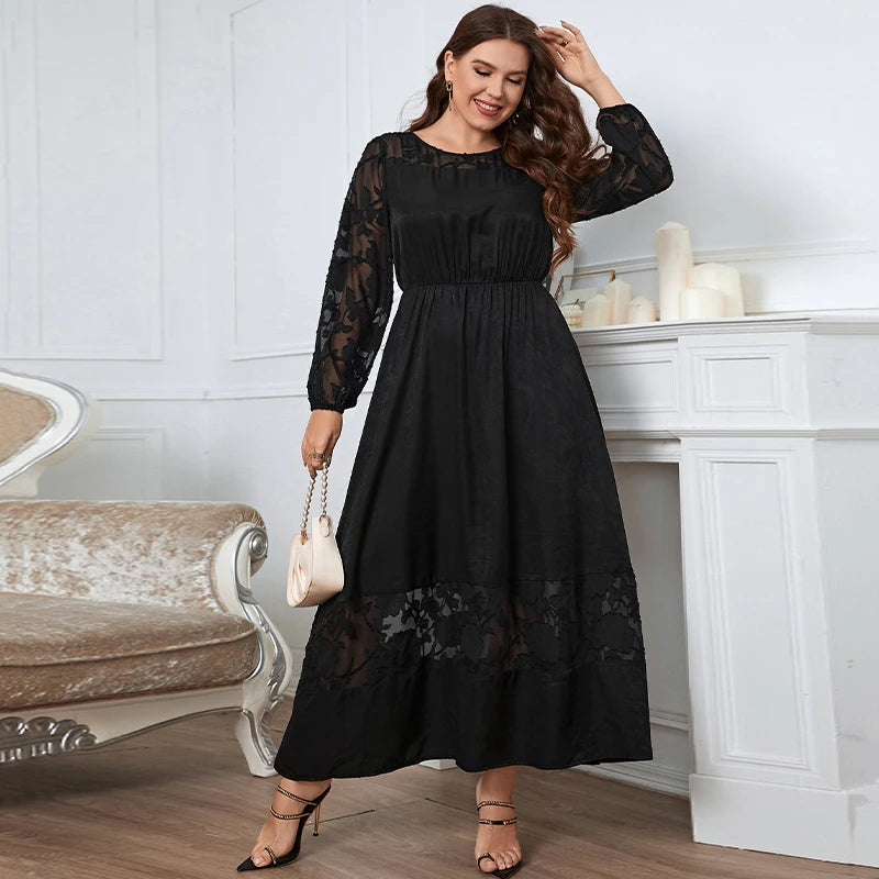 Della Mel Ropa de talla grande para mujer, vestido negro con cuello redondo y mangas largas de encaje, vestidos elegantes informales de talla grande 3XL 4XL