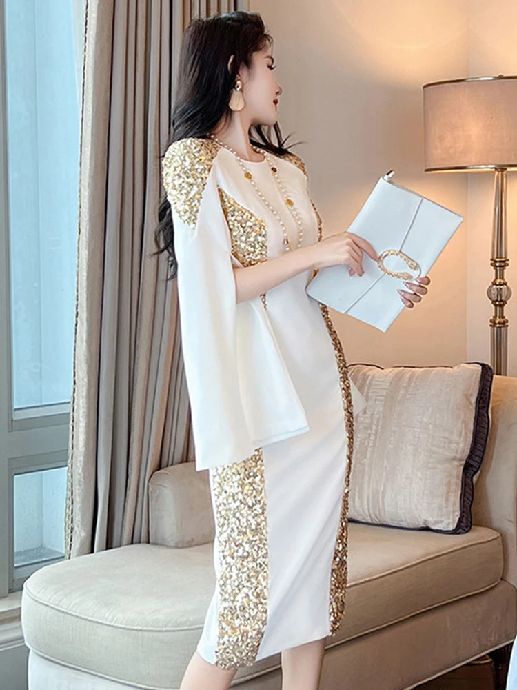 Exquisite Host Banquet Evening Dress Women 2023 Luxury Style Gold Sequins White Slim Robe Femme Party Prom Vestidos Catwalk Gown