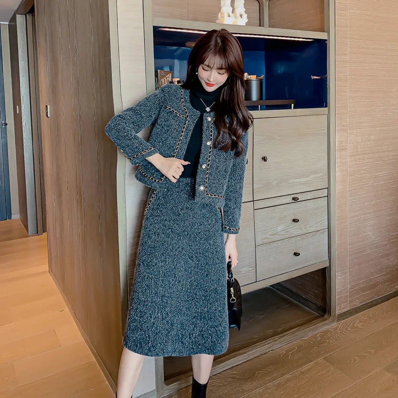 Women Vintage Tweed Fragrant Y2K Warm Suit Jacke Coat And Skirt Two Piece Set Outfit Winter Snow Thicken Elegant Chic Clothing