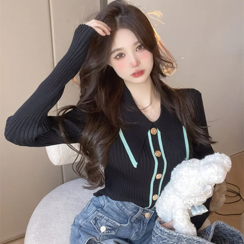 Women Sweater Long Sleeve Top Knitted Pullover Polo Collar Fashion Woman 2023 Basic Female Clothing Soild s T62