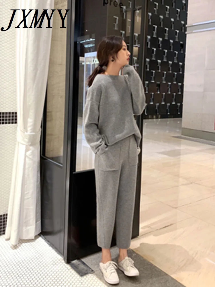 Women's suit Knitted 2 pieces Set Tracksuits Women Autumn Thick Warm O-neck Loose Sweater+Ankle-Length Pants Warm Cashmere Suit