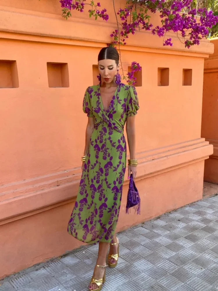 Elegant Skinny Print Twisted Women's Midi Dress Fashion V Neck Short Puff Sleeve Vestidos 2024 Summer Lady Holiday Chic Vestidos