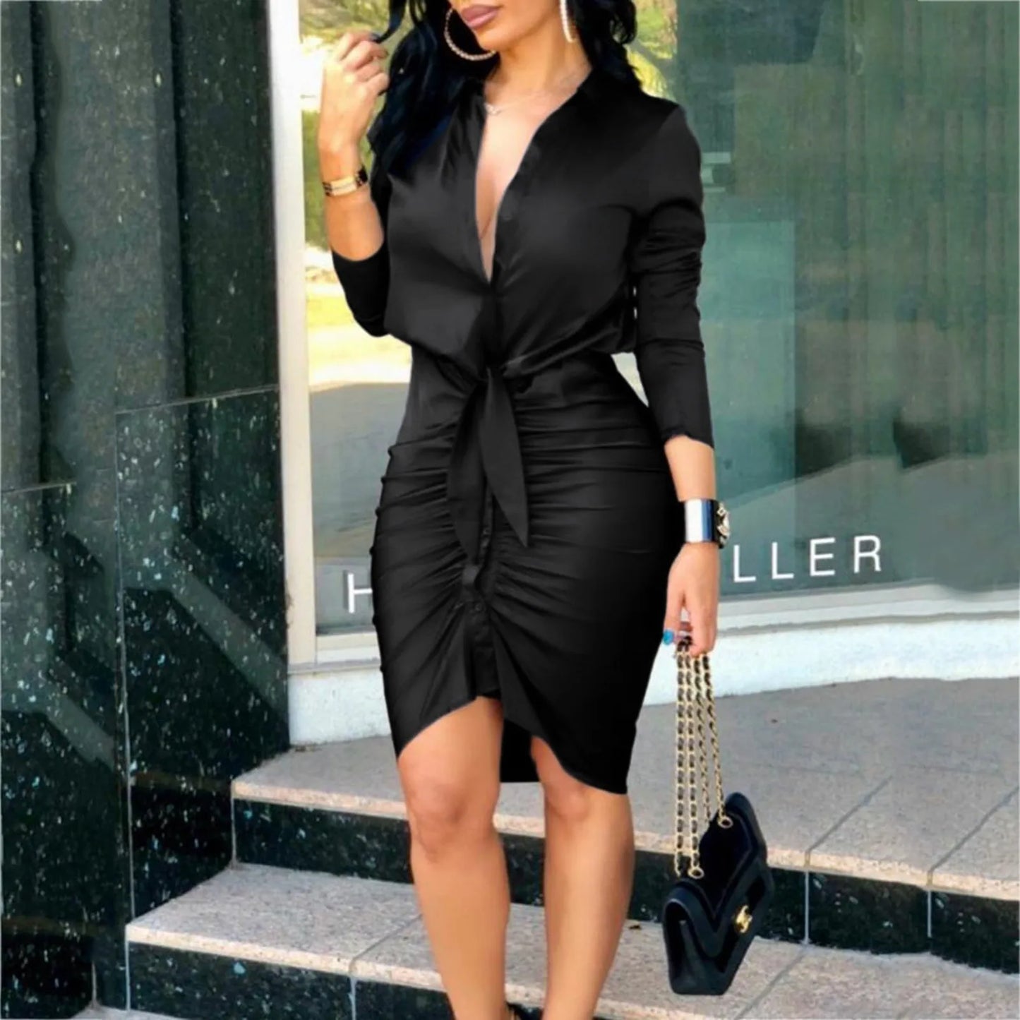 Autumn Ruched Irregular Mini Shirt Dress V-neck Tie Solid Color Printing Long-sleeved Dresses Sexy Women Bodycon Dress Clothing