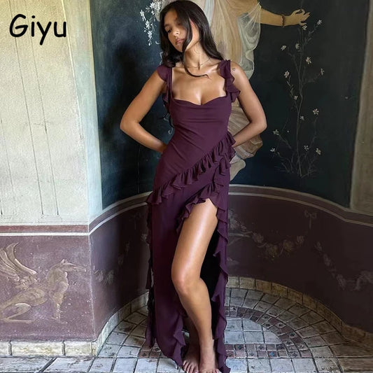 Giyu-vestido Sexy de verano con volantes para mujer, Vestidos elegantes para fiesta de noche y Club, Vestidos largos con abertura en rojo, negro y rojo 2023