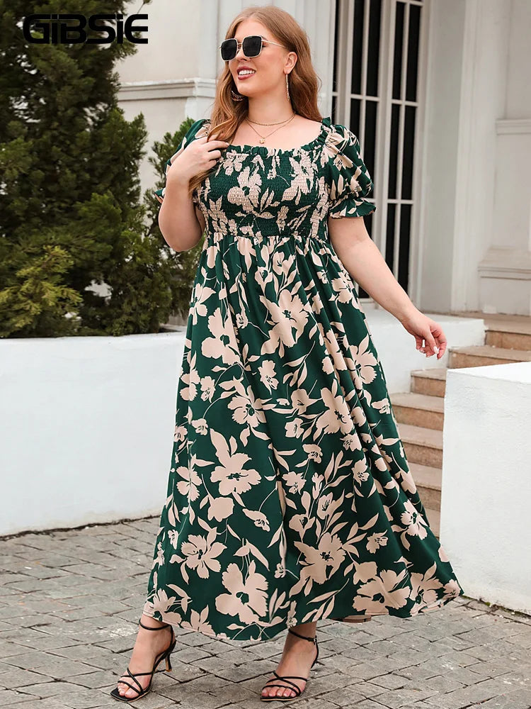 GIBSIE-vestido de talla grande con cuello cuadrado y estampado Floral, vestido de manga abombada para mujer, vestidos largos bohemios para vacaciones en la playa 2024