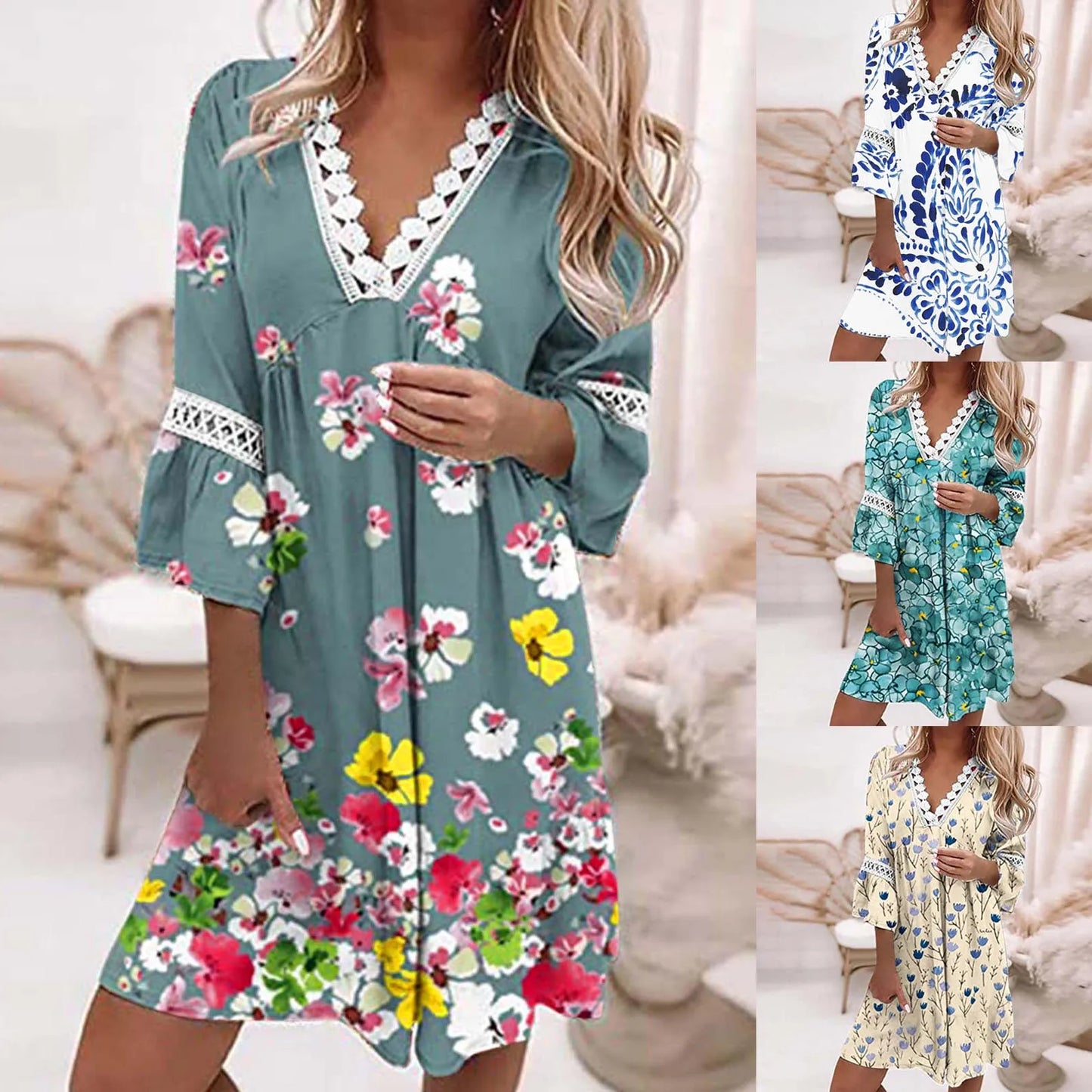 Vestidos bohemios informales para mujer, minivestido holgado con estampado Floral y cuello en V y manga acampanada, minivestido étnico para mujer 2023