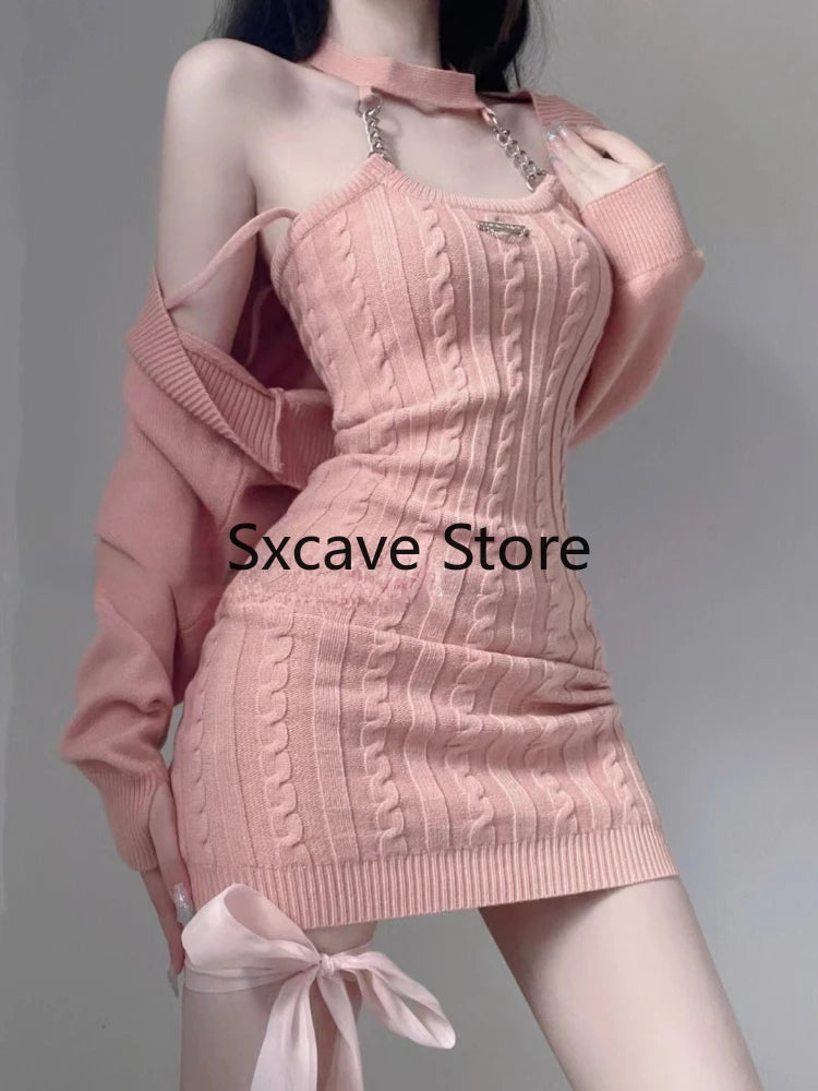 2023 Autumn Pink Knitted Suits Office Lady Casual Y2k Crop Tops + Mini Dress Korea Fashion Clothing Even Party 2 Piece Dress Set