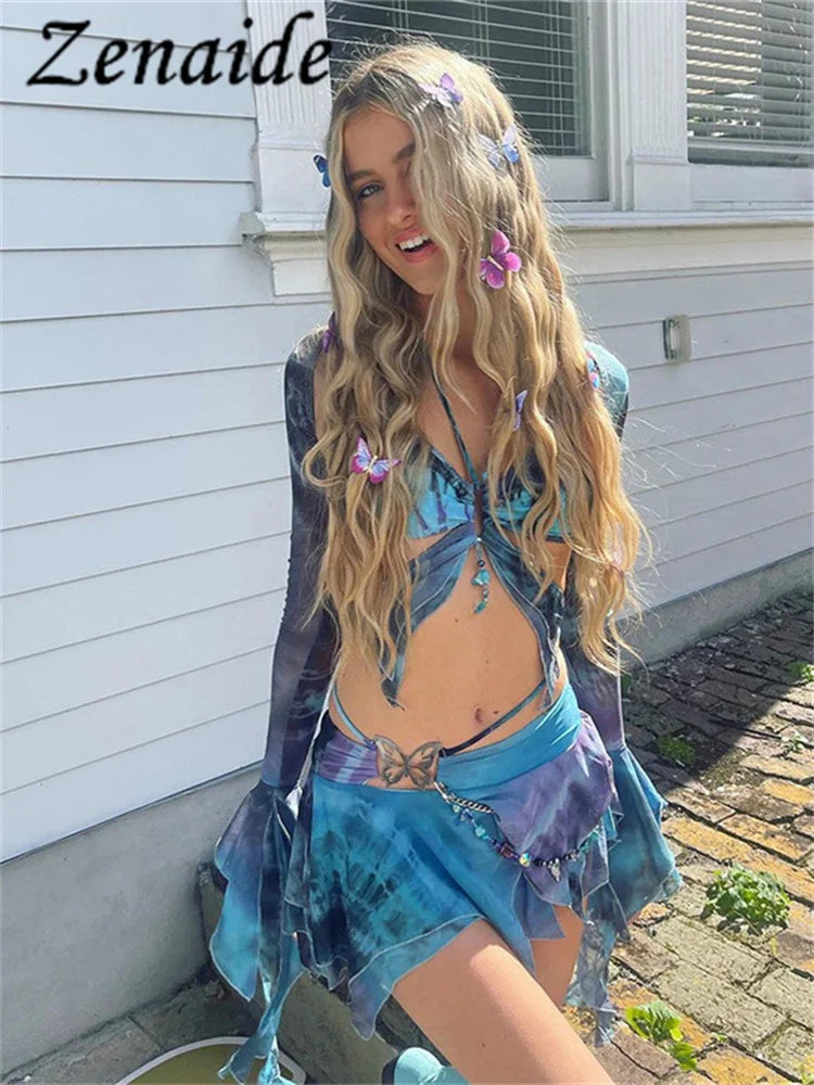 Zenaide Fall Mesh Butterfly Women 3 Piece Set Bandage Cami+Irregular Skirt+Fairy Festival Crop Top Tie Dye Rave Party Outfit Y2K