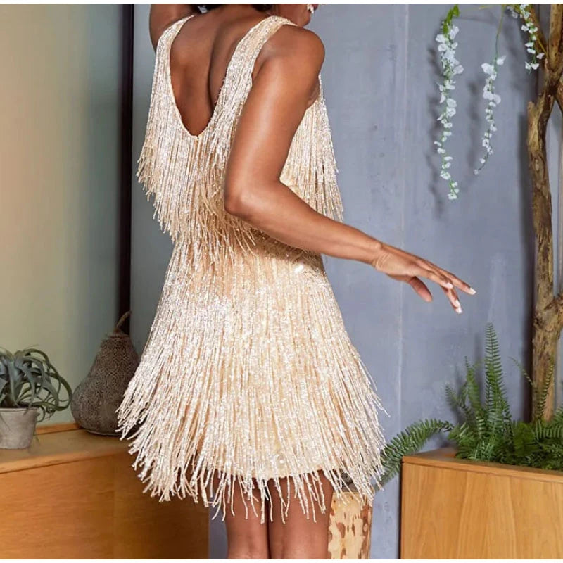 Mini robe Sexy à franges et paillettes pour femmes, tenue de soirée élégante, avec plumes, bretelles Spaghetti, couture, boîte de nuit, nouvelle collection 2023