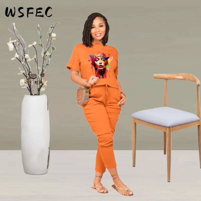 WSFEC – costume pantalon pour femmes, vêtements africains d'été, manches courtes, décontracté, ample, deux pièces, ensembles assortis, S-2XL, 2023