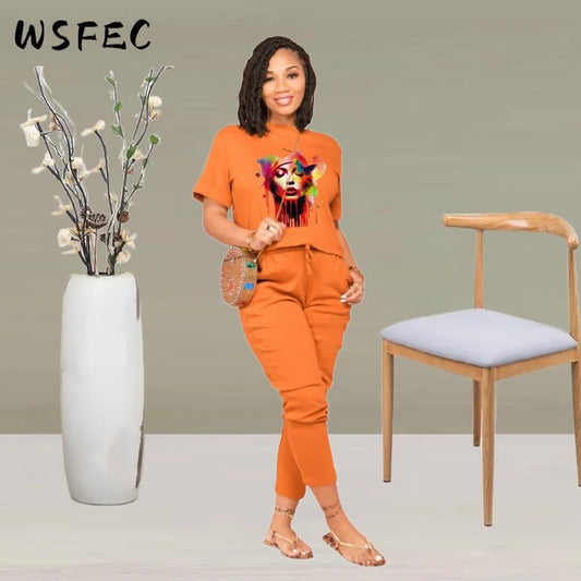 WSFEC S-2XL Pant suits for women clothing African summer 2023 short sleeve casual loose two piece sets outfits matching sets