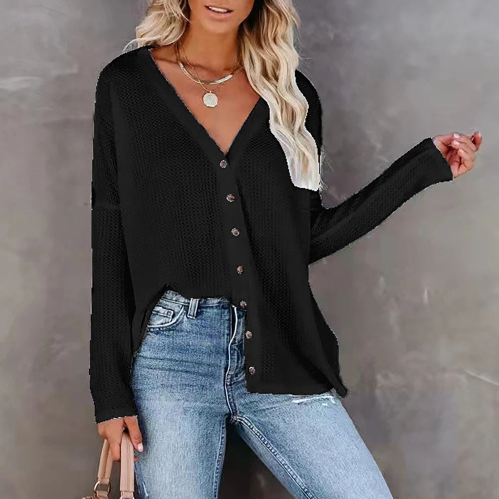 Femmes printemps tricoté plaine lâche col en V Cardigan T-Shirt dames solide décontracté bouton Blouse vêtements S-2XL pour livraison gratuite 2023