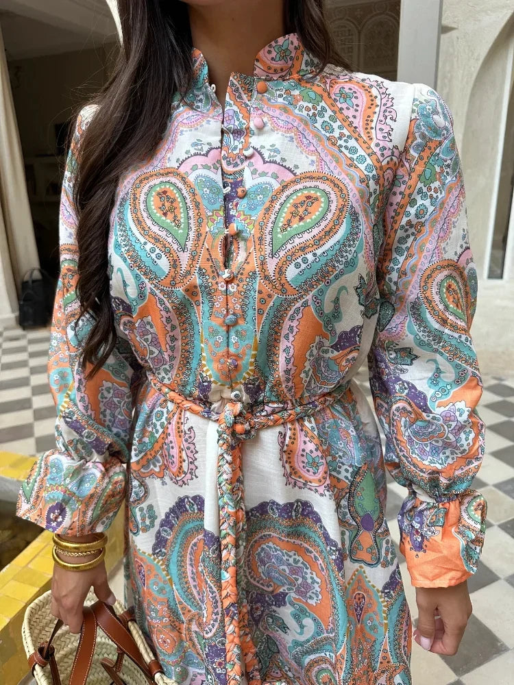 Elegant Print Single Breasted Patchwork Maxi Dress Women Long Sleeves Lace Up Loose Vestidos 2024 Spring Summer Chic Dresses