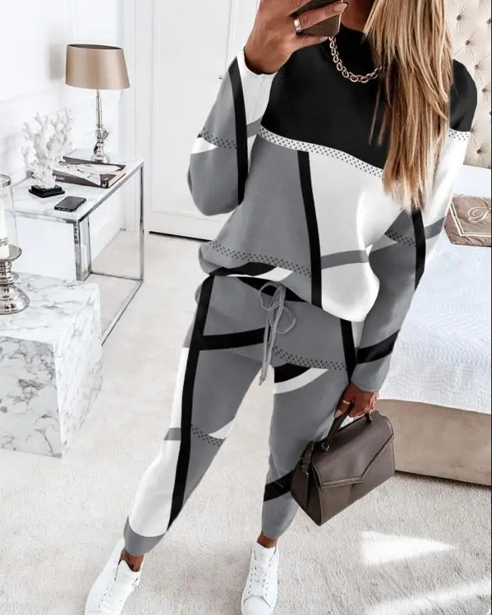 Two Piece Sets Womens Outifits Casual Geometric Print Long Sleeve O-neck Top Pullover & Fashion Drawstring Pants Set Streetwear